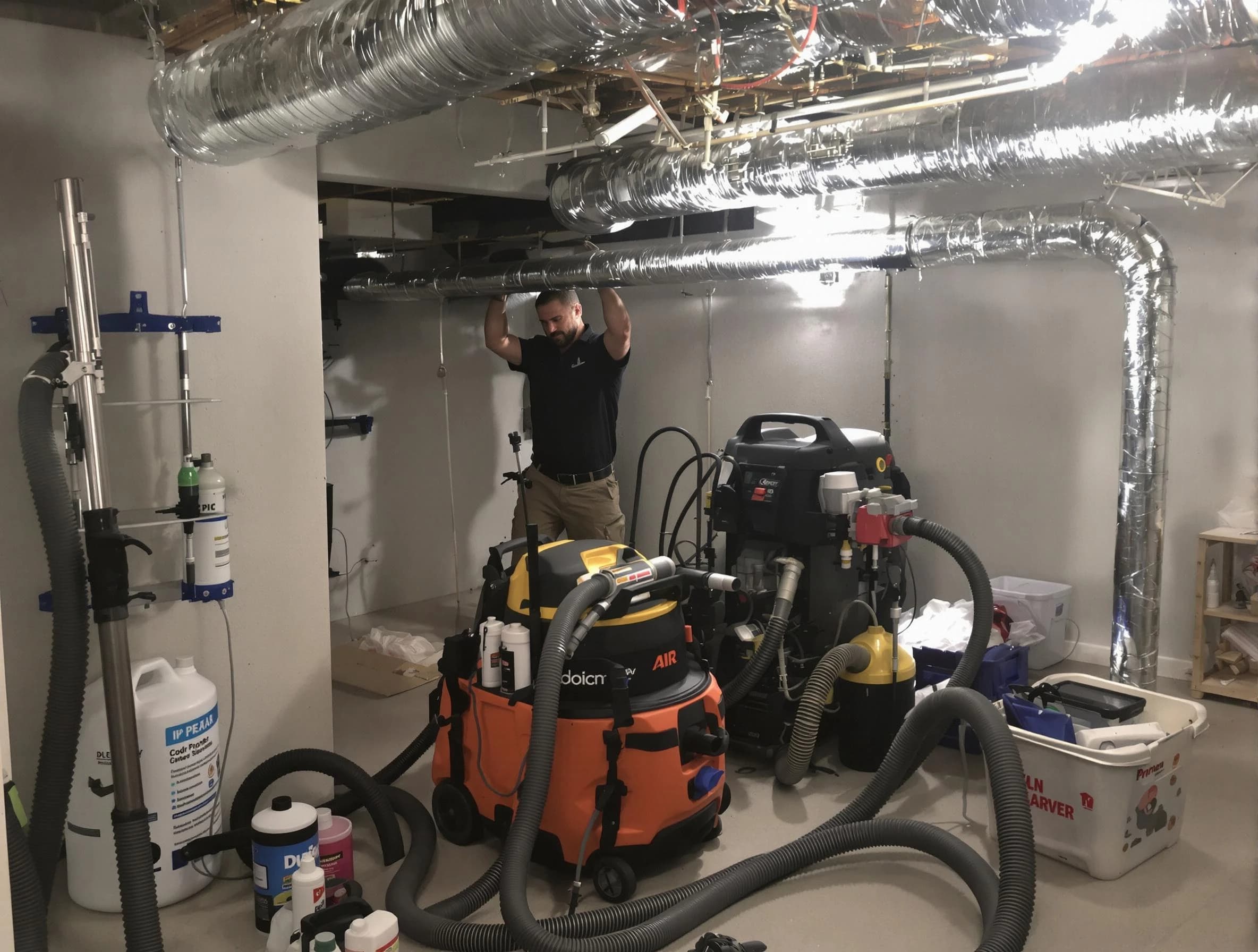 Williamsburg Air Duct Cleaning specialist performing professional mold removal from air ducts using safety equipment in Williamsburg