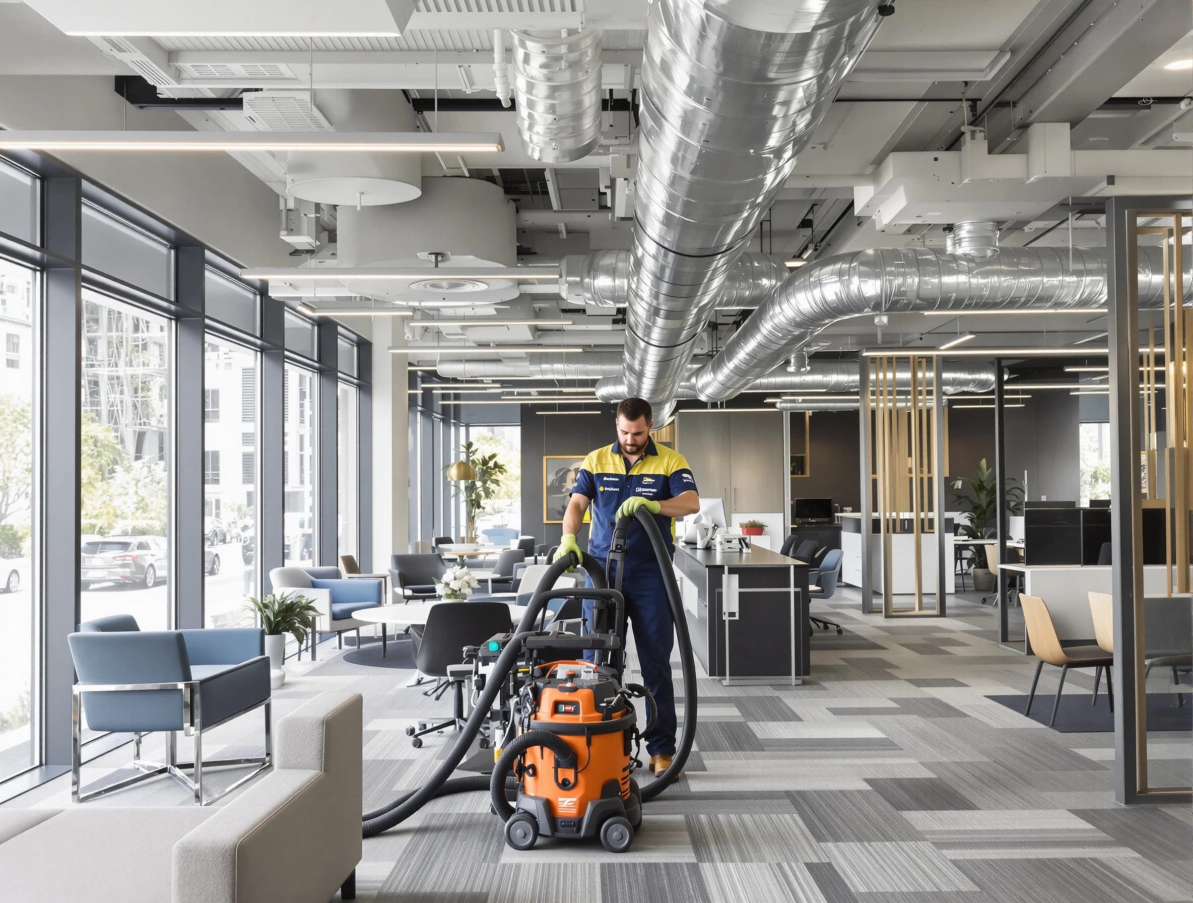 Williamsburg Air Duct Cleaning team performing thorough commercial duct cleaning at a Williamsburg business center